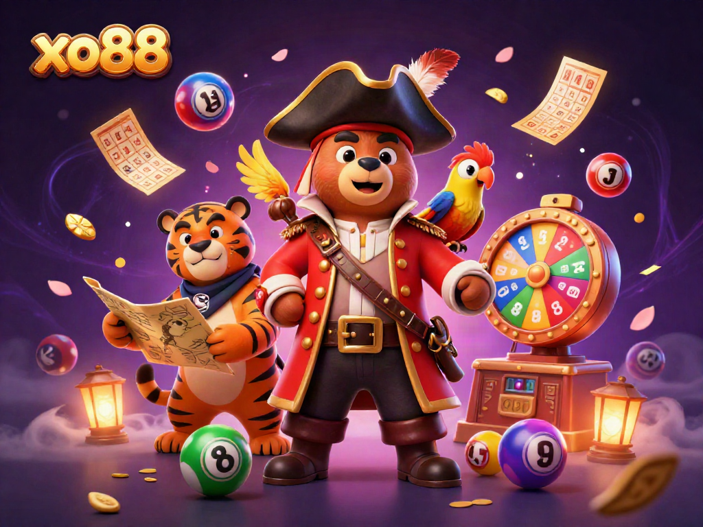 Engage with xo88 as the pirate bear and tiger unveil lottery adventures in a vibrant casino atmosphere.