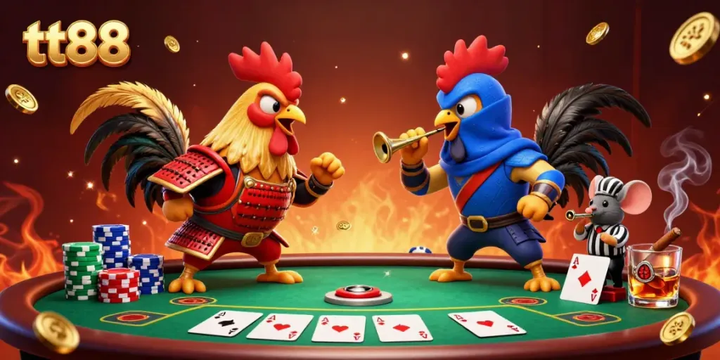 Engage in thrilling standoffs at tt88 with fighting roosters and vibrant poker elements, emphasizing exciting gameplay.