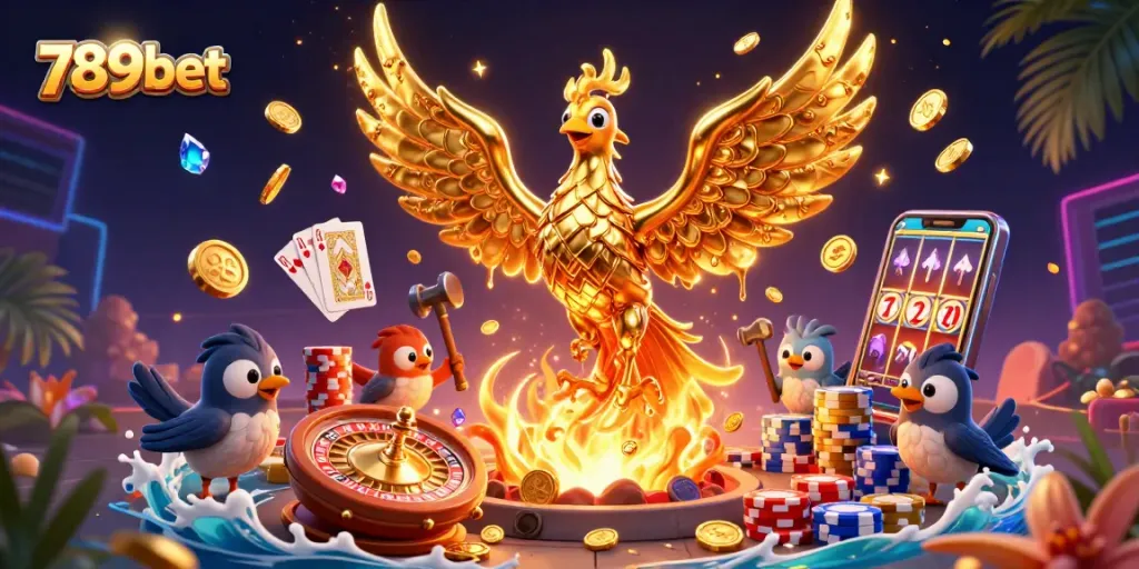 Engage with 789bet's dynamic casino world featuring a molten phoenix and shimmering coins.