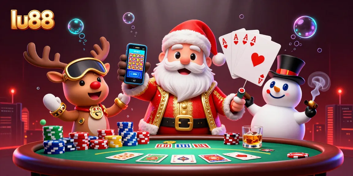 Experience the excitement of lu88 with Santa, reindeer, and a snowman at a vibrant casino scene!