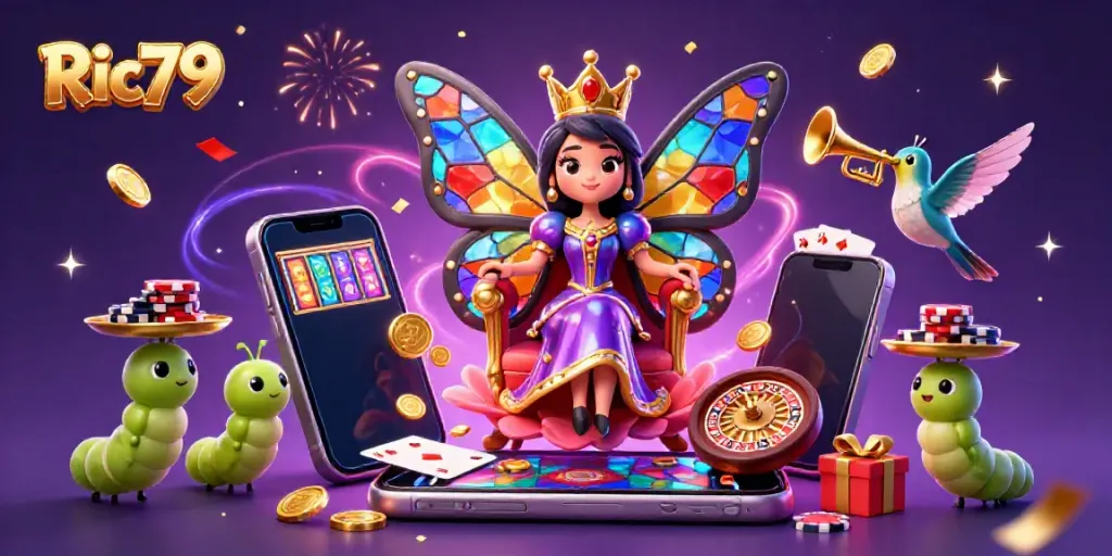 Experience the captivating world of Ric79 with a vibrant casino scene featuring a butterfly queen and gaming elements.