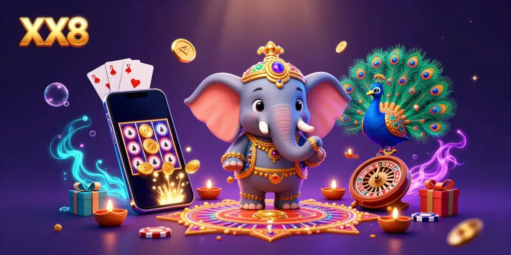 Experience the thrill of playing slots with XX8 in this vibrant 3D illustration featuring an energetic casino scene.