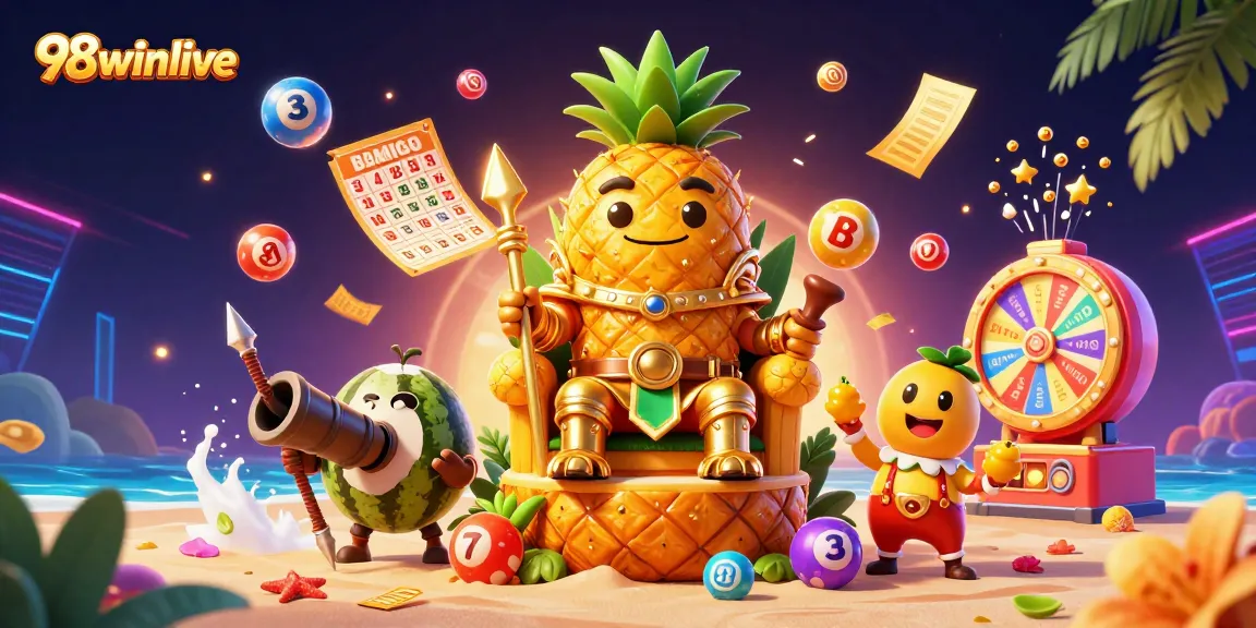 Engage with 98winlive in a vibrant 3D beach casino featuring a charismatic pineapple king and playful elements.