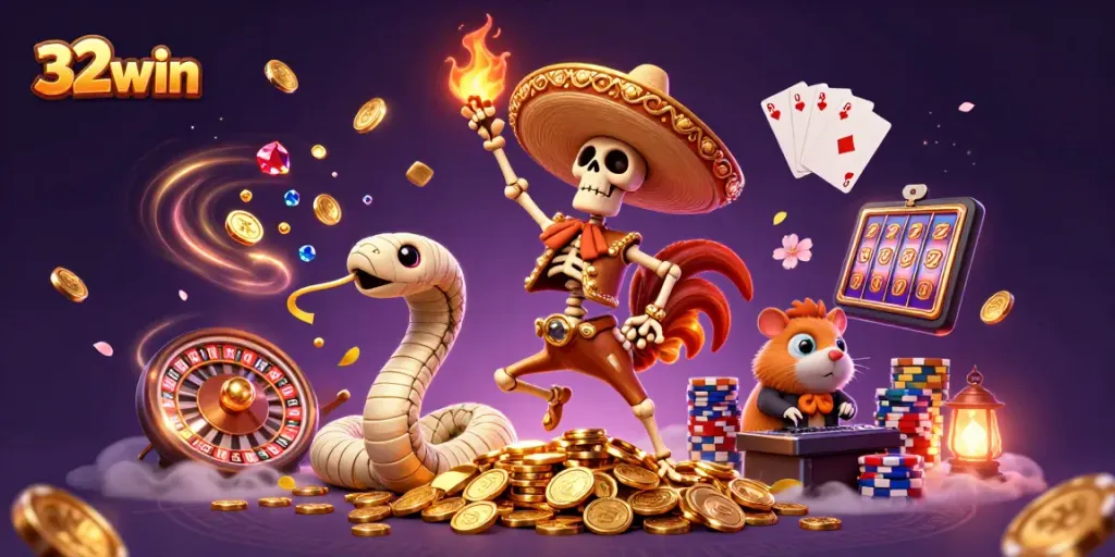 32win highlights thrilling casino games with vibrant characters celebrating exciting wins.