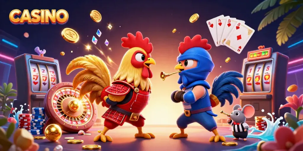 Engage with thrilling CASINO adventures as cartoon roosters battle amid golden coins and vibrant game elements.