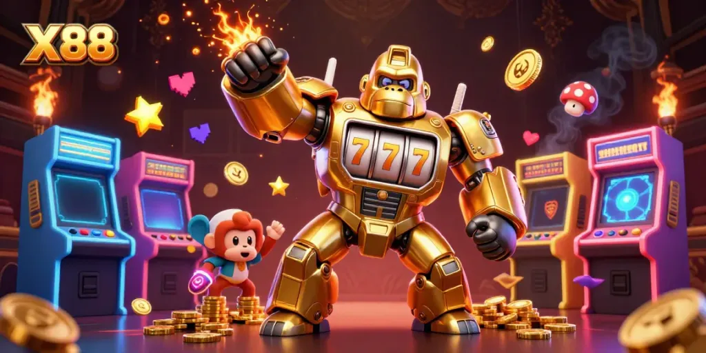 Engaging X88 gaming scene featuring a golden gorilla mech and vibrant arcade elements.