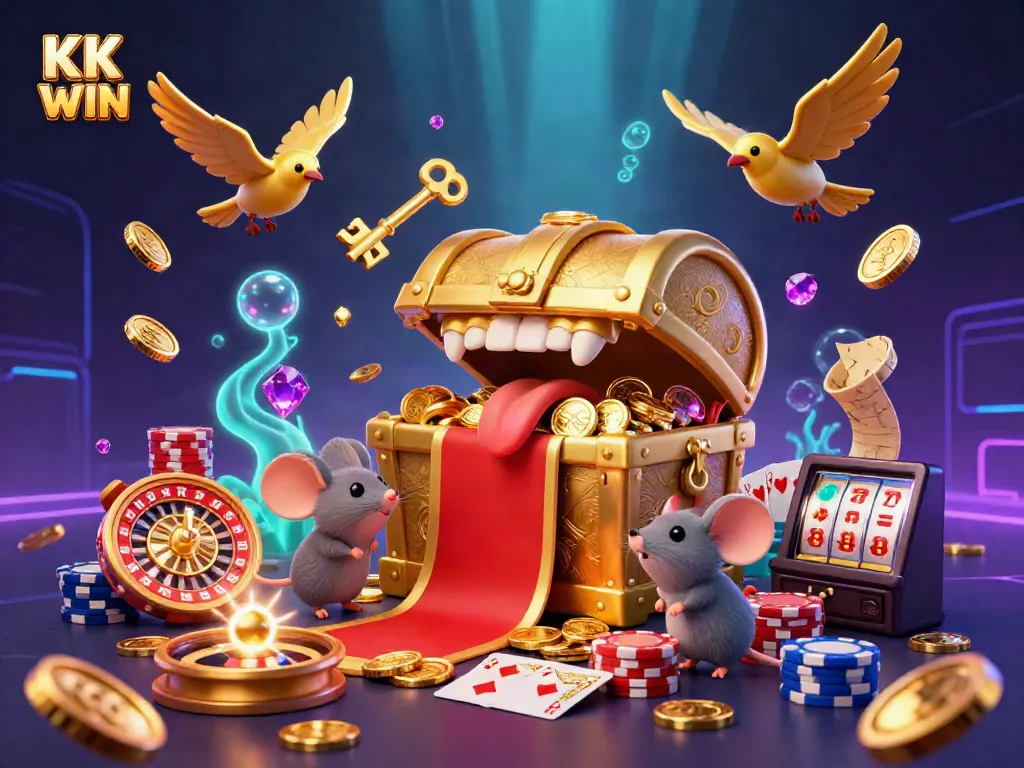 Engage with the vibrant gaming scene of KK WIN, featuring a treasure chest luring adventurer mice amid cascading treasures, emphasizing immersive gambling fun.