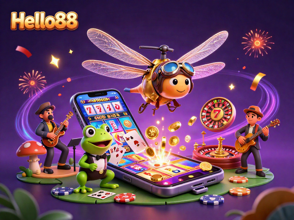 Engage with Hello88's casino experience featuring a vibrant dragonfly pilot and frog croupier.