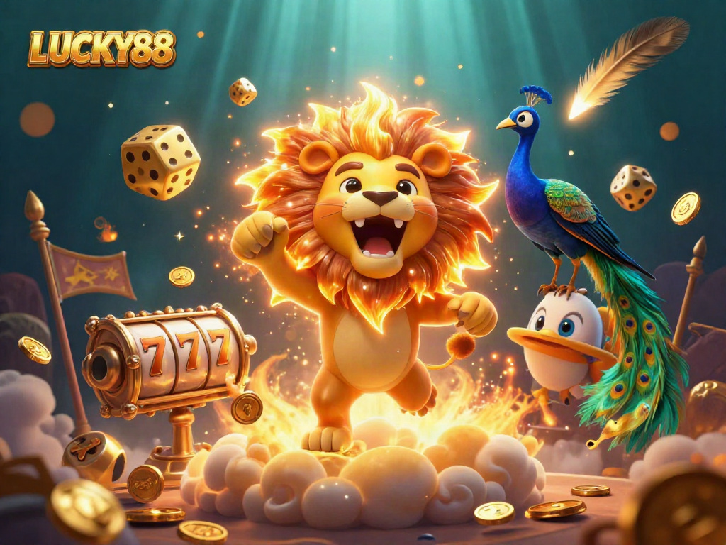 Experience the excitement of LUCKY88 with a vivid 3D illustration featuring a sun lion and dynamic casino elements.