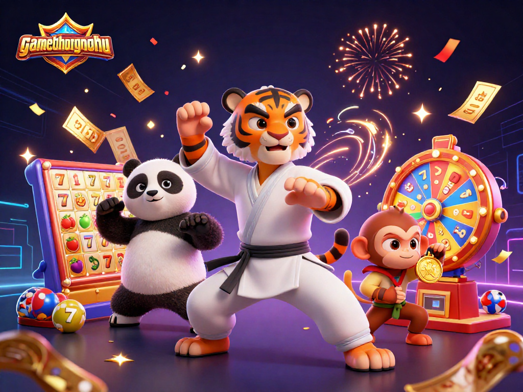 gamethuongnohu illustrates a fun 3D scene with a kung fu tiger and panda amid thrilling casino elements.