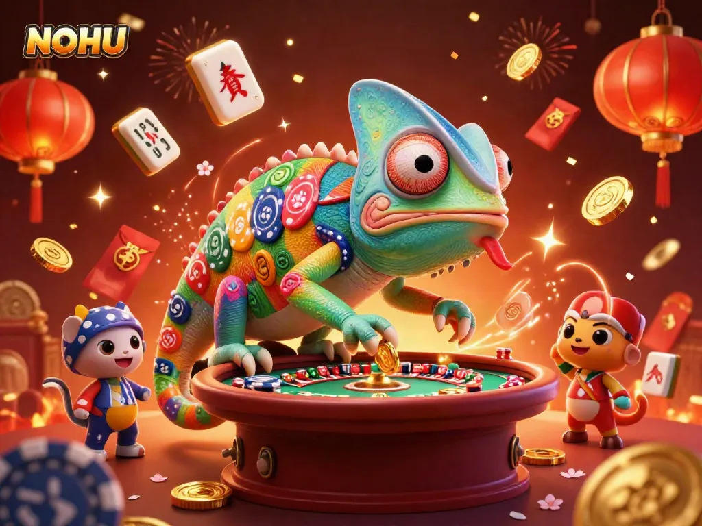Experience thrills at NOHU casino with colorful chameleon, gold coins, and festive game elements.