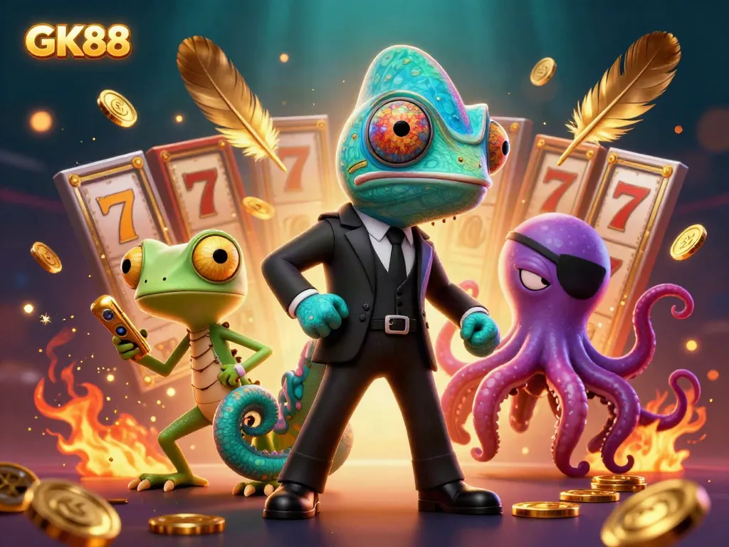 Engage in thrilling GK88 slot adventures with charming 3D characters in a vibrant casino scene.