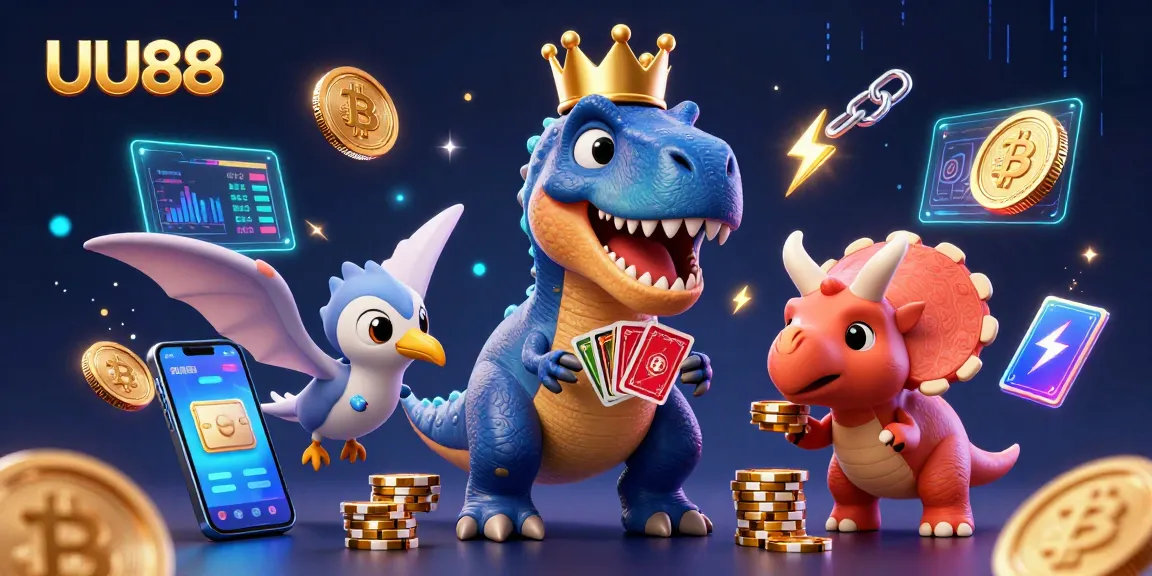 Engage in exciting card games with UU88 featuring a T-Rex dealing cards and a baby triceratops stacking chips.