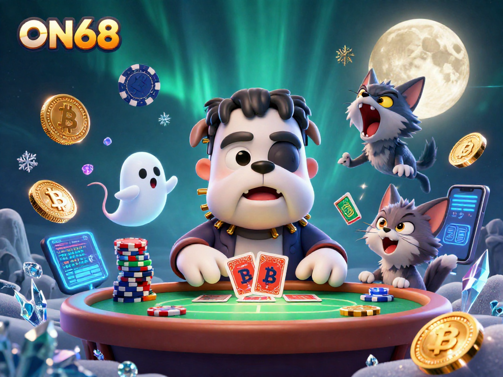 Play and win with ON68 at the lively casino table featuring unique characters and cryptocurrency elements.