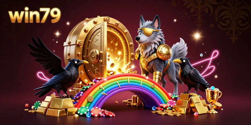 Engage in thrilling games at win79 with a vibrant illustration depicting mythical characters among casino riches.