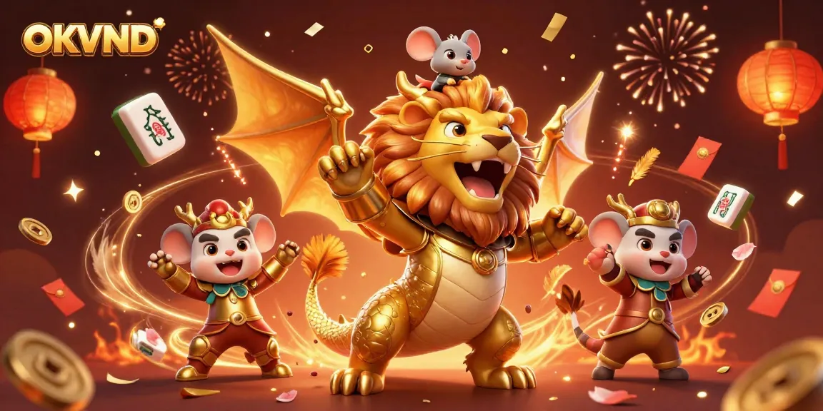 Experience excitement with OKVND's dynamic casino illustration showcasing thrilling games and vibrant celebration.