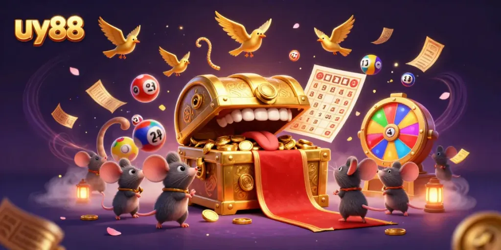 Experience the thrill of uy88 with an engaging treasure chest scene filled with dynamic lottery elements and gaming excitement.