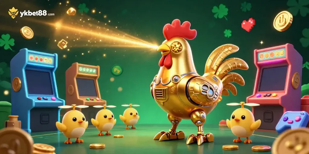 Experience the excitement of ykbet88 com casino with a golden rooster robot and gaming elements!