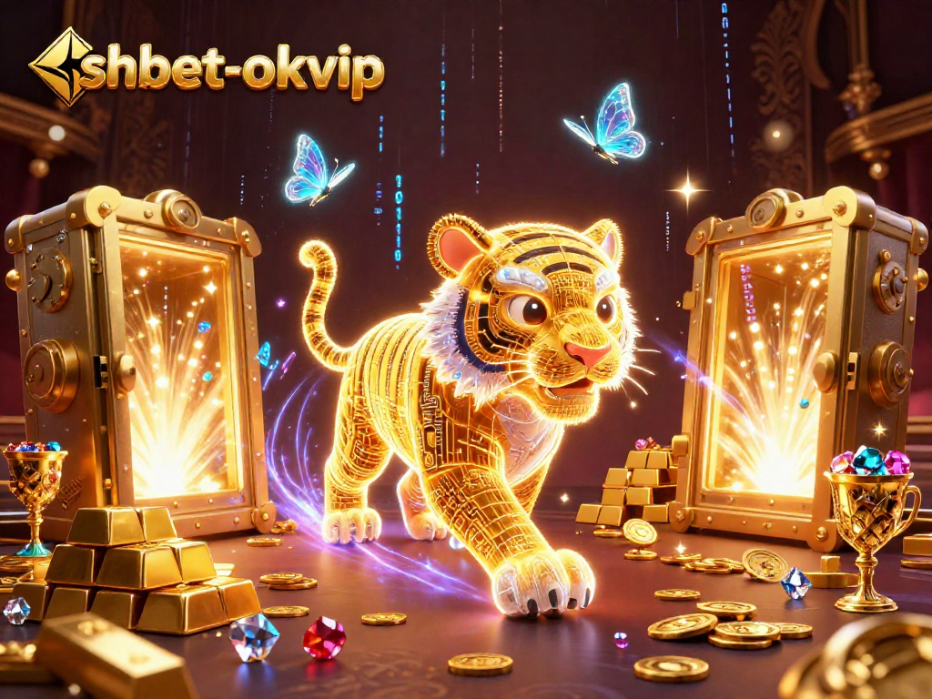 shbet-okvip engages players in a vibrant casino scene with a golden tiger and sparkling treasures.