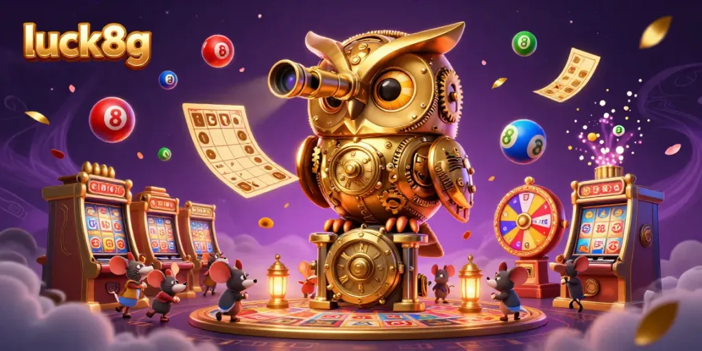 Engage with luck8g in a vibrant, ultra-detailed casino scene featuring a clockwork owl and lively game elements.