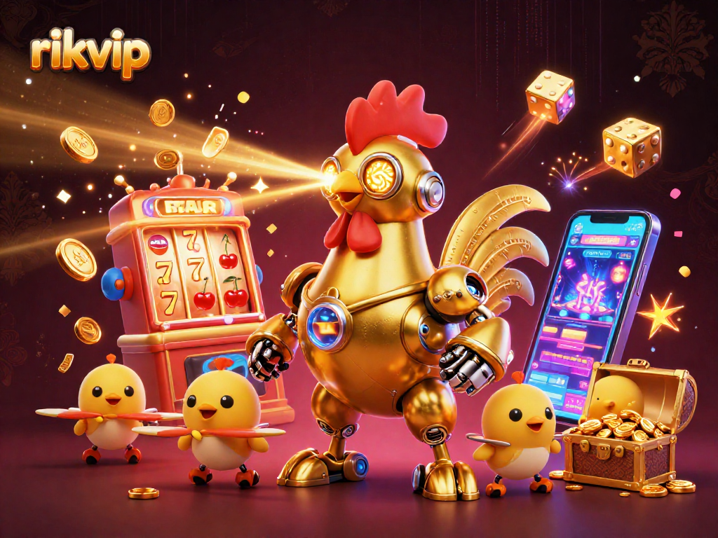 Engage with rikvip through a vibrant 3D scene of a golden rooster robot amidst a jackpot explosion.