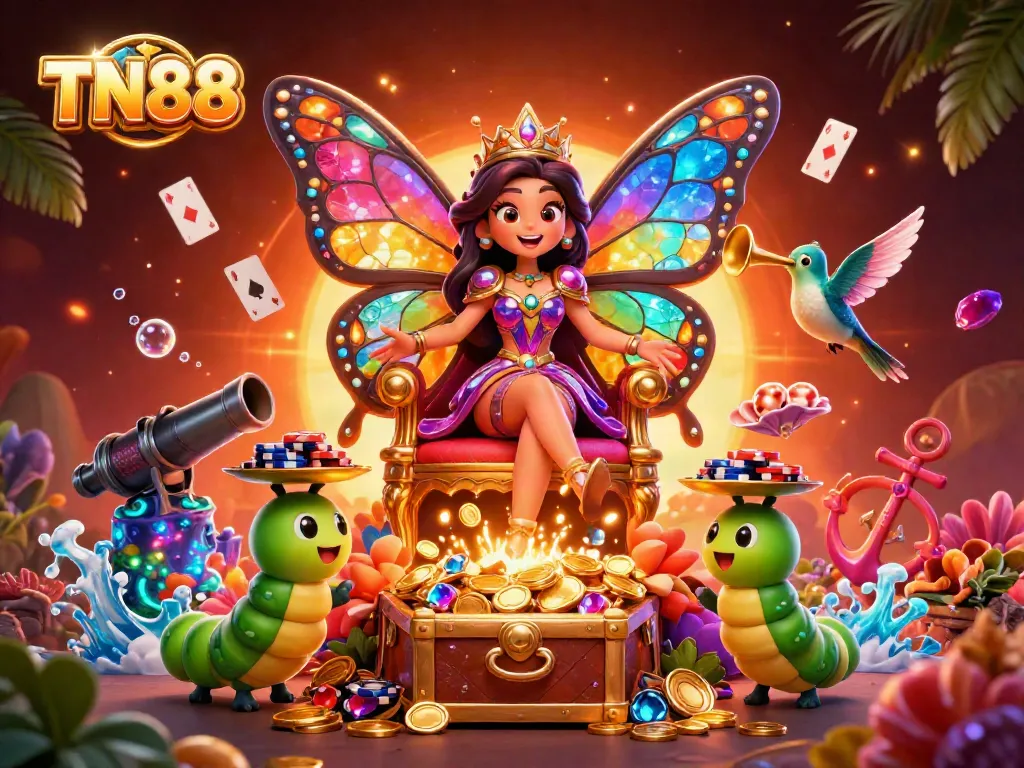 Engage with the TN88 online casino experience featuring vibrant characters in a dynamic gambling-themed illustration.