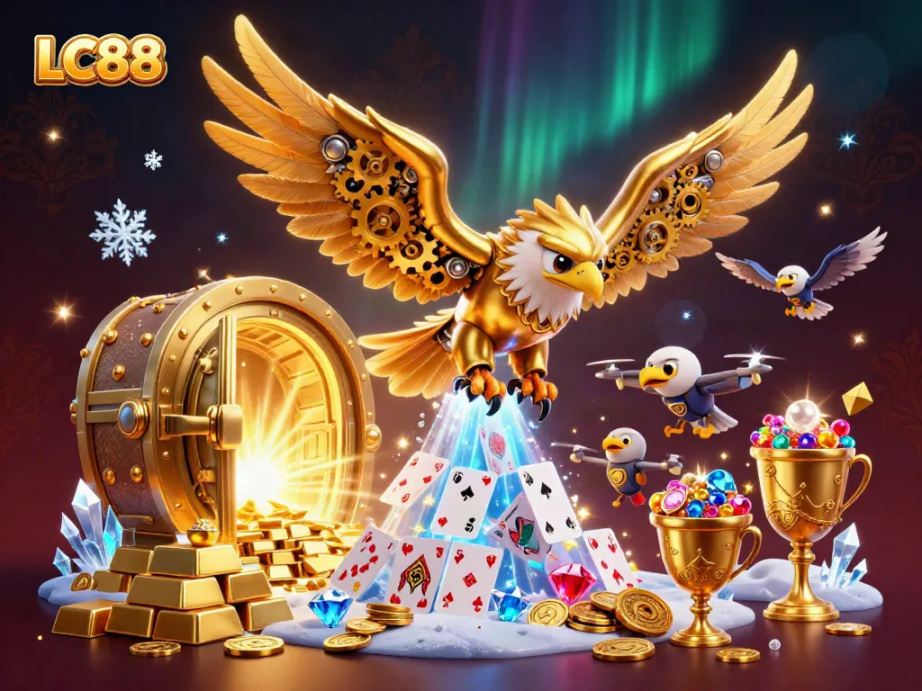 Engage with the thrilling dive of the LC88 eagle amidst a cascade of holographic playing cards.