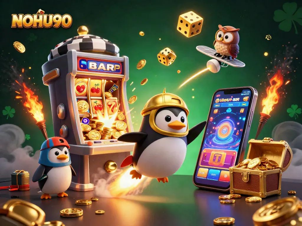 Engage in thrilling gameplay with NOHU90's dazzling casino illustration featuring a jackpot explosion and dynamic characters.