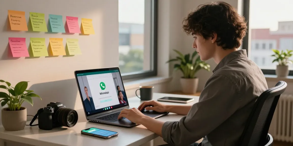 Working professional using WhatsApp電腦版 on a laptop in a modern home office.