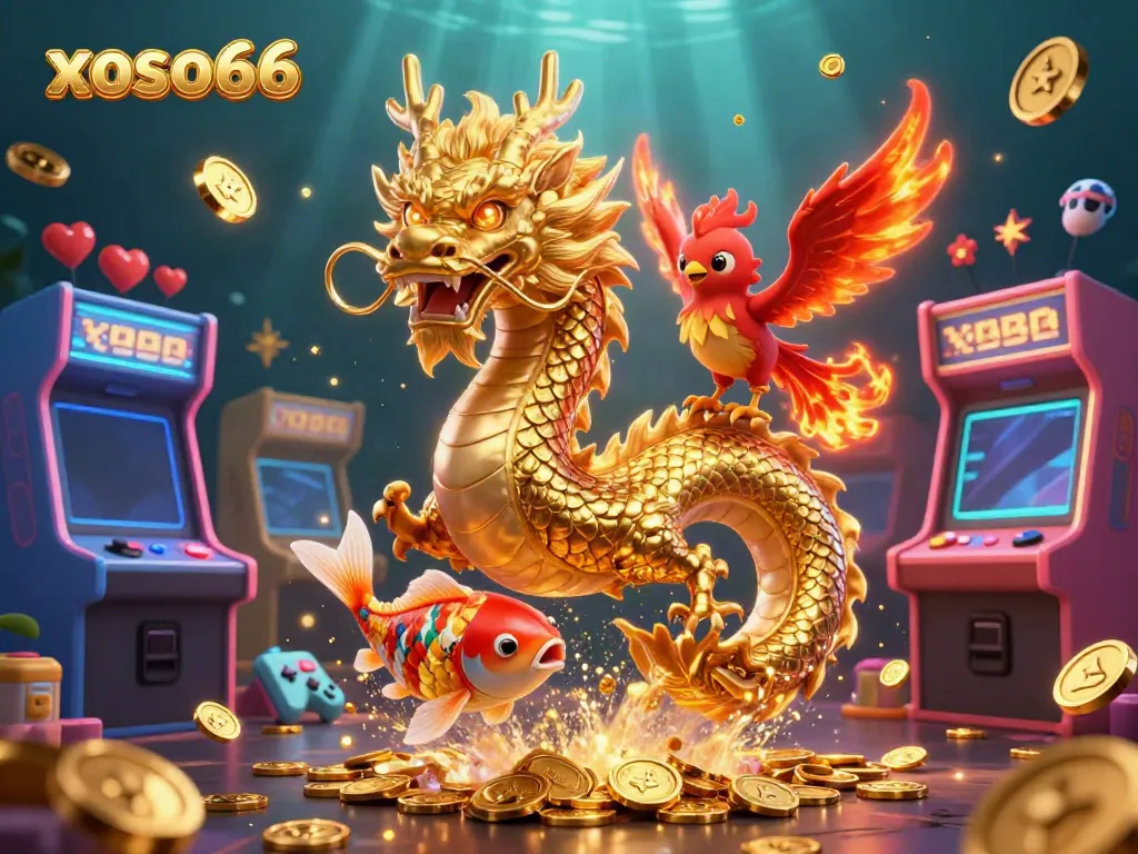 Xoso66 showcases a powerful dragon and phoenix amidst a vibrant underwater casino scene, surrounded by game elements.