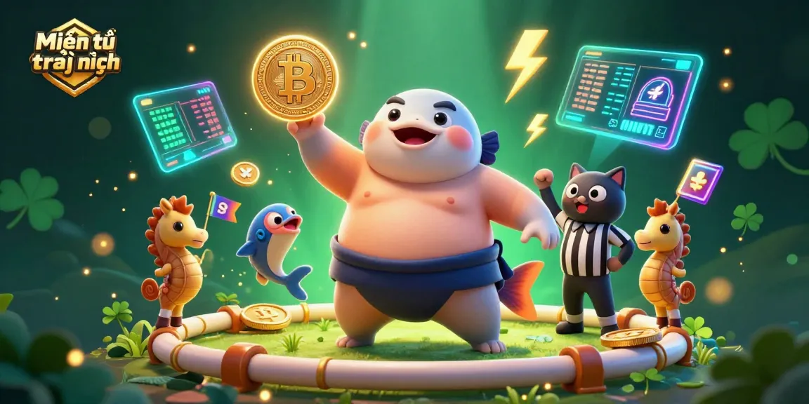 Engage in the world of gambling with "Miễn trừ trách nhiệm" highlighted in a fun underwater casino scene filled with cryptocurrency elements.