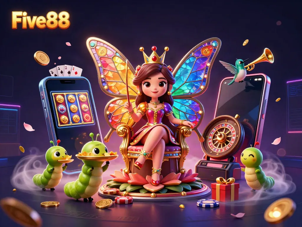 Experience the thrilling world of Five88 with vivid games and enchanting characters in a vibrant casino illustration.