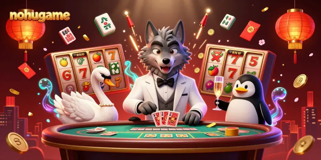 Experience the excitement of nohugame with vibrant slot machines, lively characters, and dynamic casino elements.