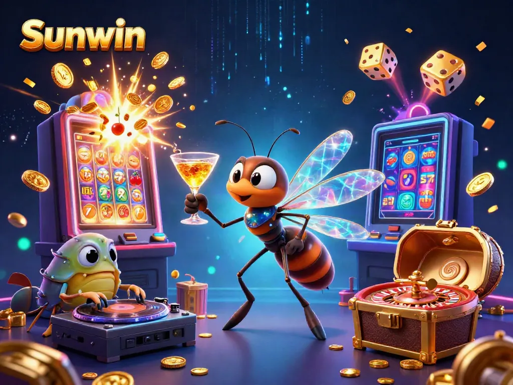 Experience the excitement of Sunwin casino with a vibrant 3D illustration featuring dynamic gaming elements.