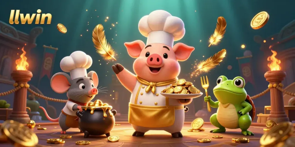 llwin casino scene with a chef pig serving gold coins, mouse with molten gold, frog critic