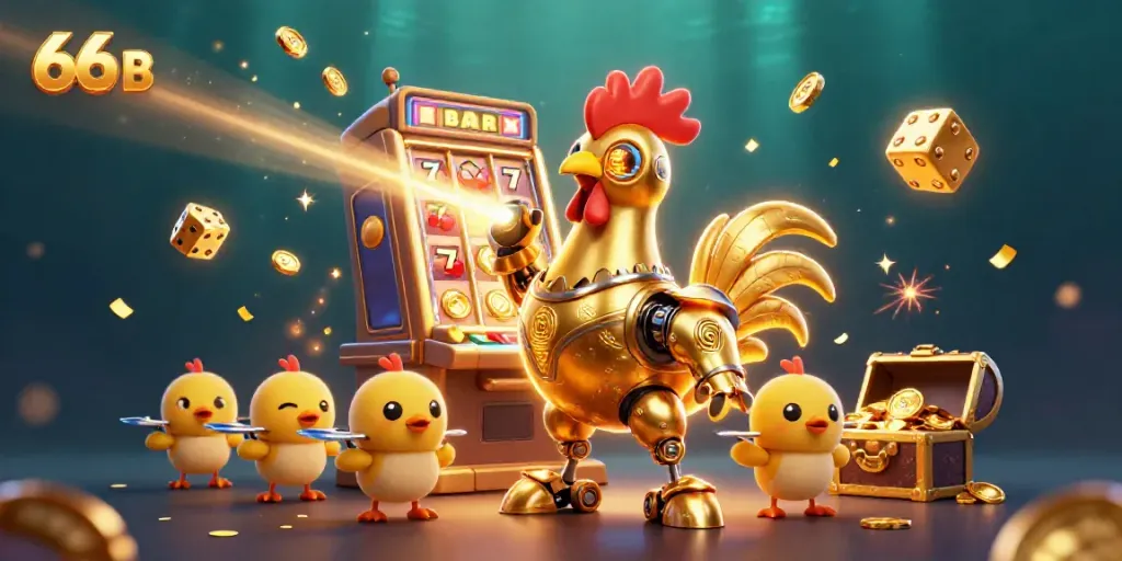 Experience thrilling slots with 66 B as golden rooster robots and baby chick drones explode with bonuses.