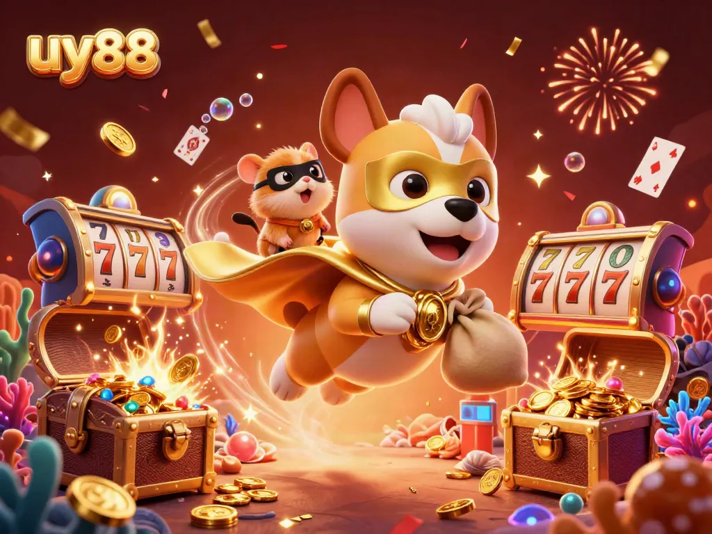 Experience the thrill of uy88 in this vibrant casino scene with a superhero dog and gold coins.