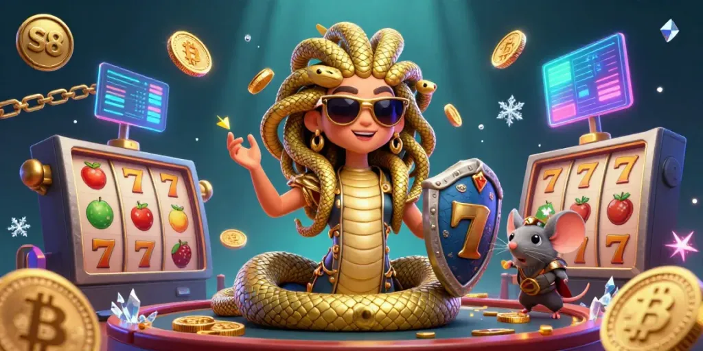Engage players with S8's immersive casino scene featuring Medusa, a warrior mouse, and vibrant slot symbols.