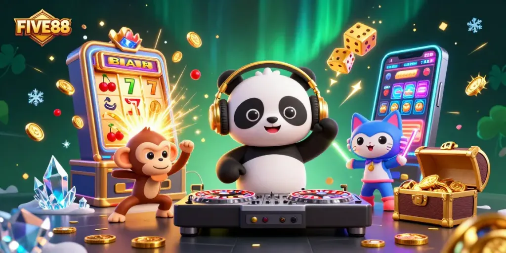 Experience the excitement of FIVE88 with a vibrant casino scene featuring lively characters and dynamic gaming elements.