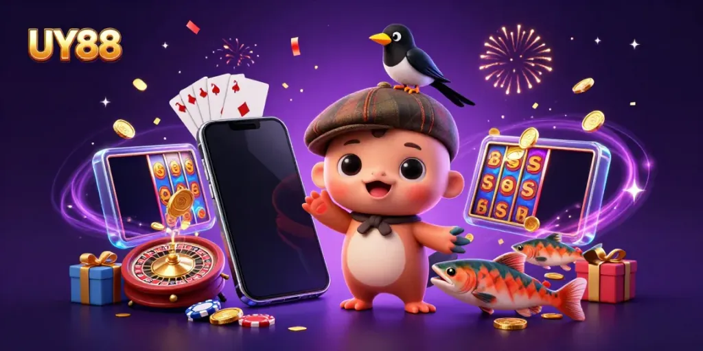 Experience UY88’s vibrant casino world with Nessie and gaming elements celebrating success.