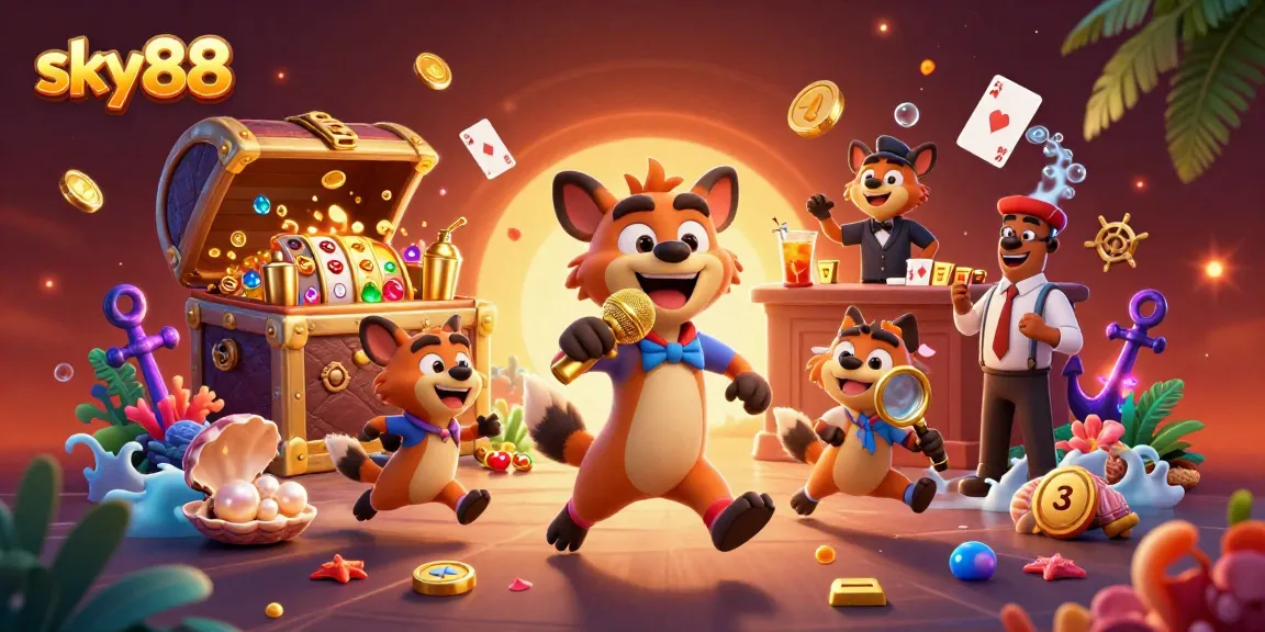 Experience the comedy of sky88 with hyenas in a vibrant casino scene filled with treasures.