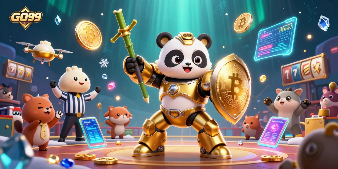 Engage with GO99 in this thrilling 3D casino scene featuring blockchain elements and vibrant characters.