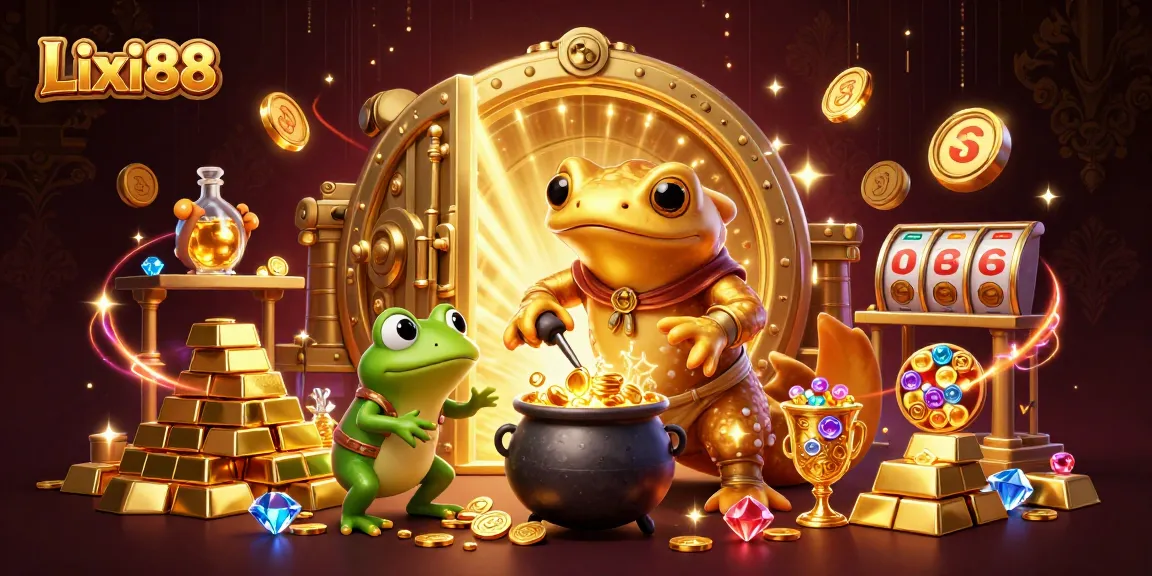 Lixi88 players enjoying a vibrant 3D cartoon casino scene with golden treasures and dynamic game elements.