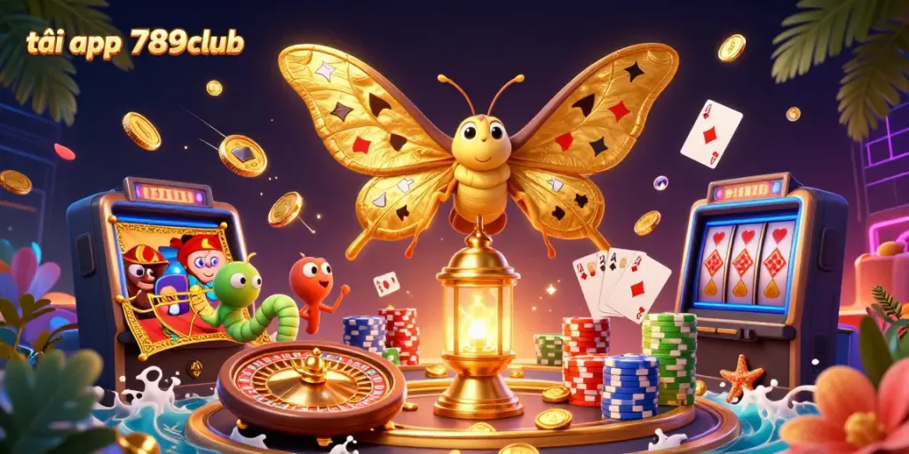 Engage with the vibrant world of gambling while tải app 789club, showcasing golden coins and casino elements.