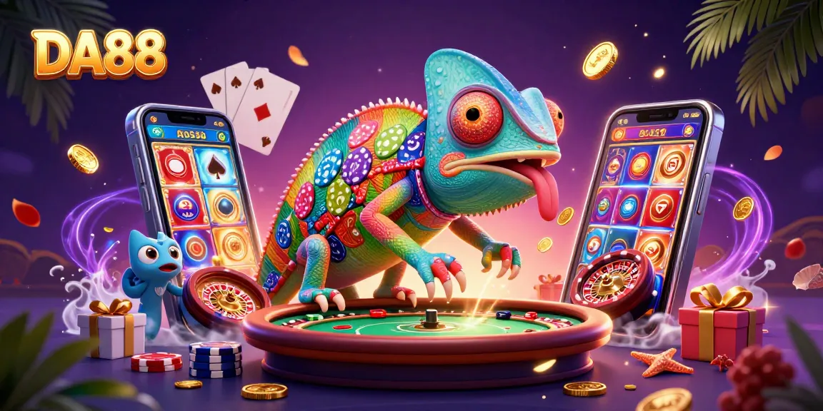 Win big with DA88 in this vibrant casino scene, featuring a chameleon owner and lively gaming elements.