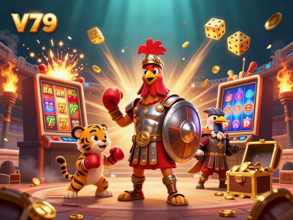 Win big with v79 in this vibrant casino scene of a roaring gladiator rooster.