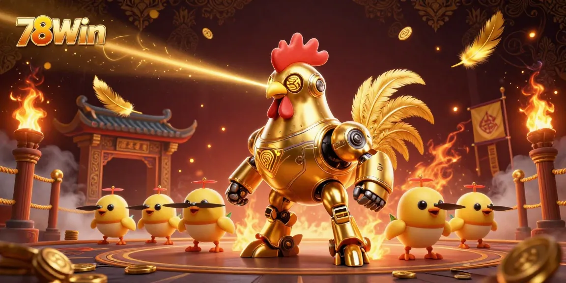78Win showcases a vibrant 3D casino scene featuring a golden robot shooting lasers, surrounded by chick drones.