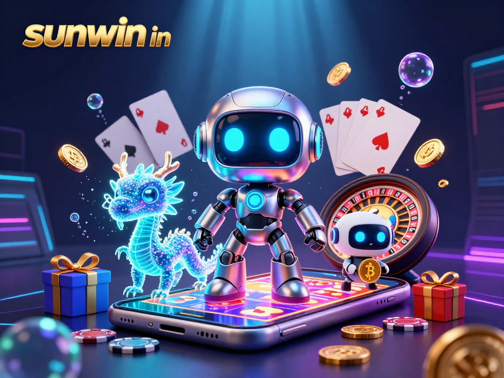 Spin the reels with "sunwin in" featuring a cyberpunk robot, roulette, and vibrant slots.