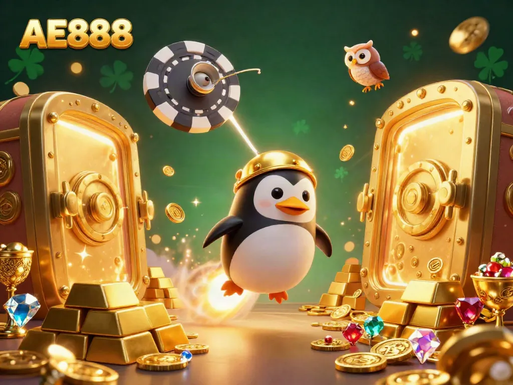 Win big at AE888 with a dynamic 3D illustration of a rocket-powered penguin soaring to a casino chip space station.