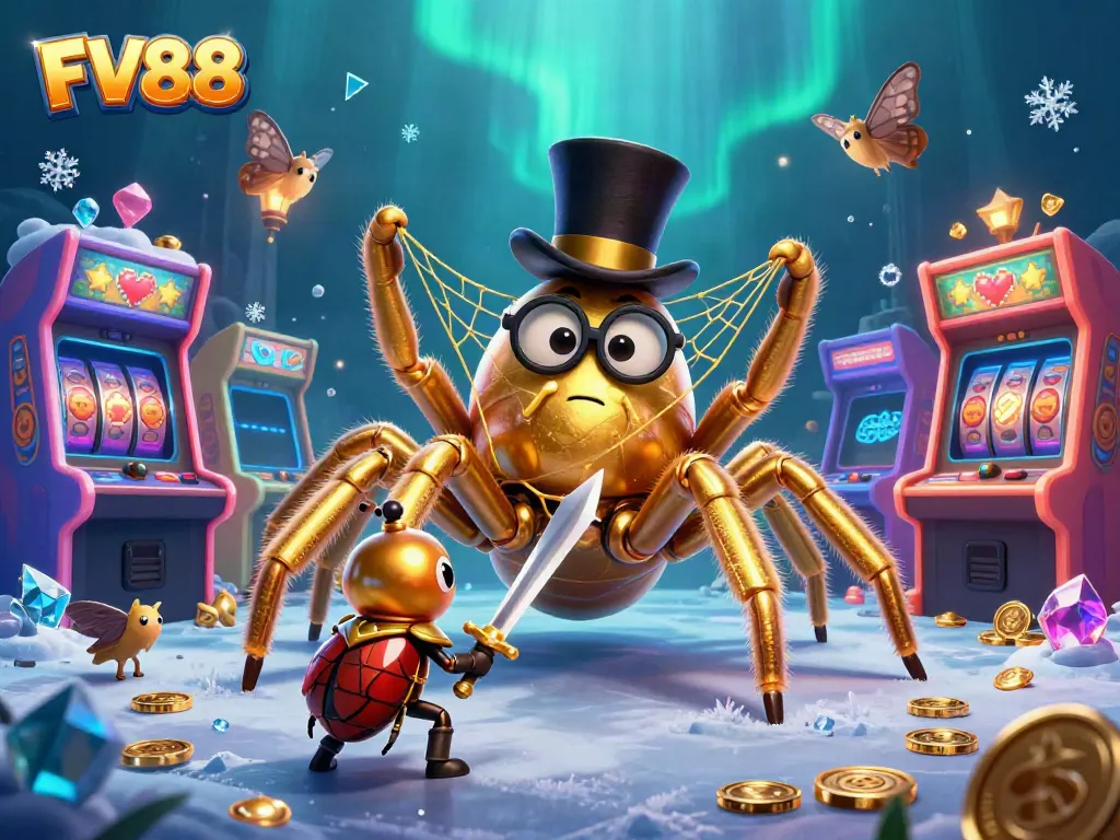 Experience the thrill of winnings with FV88's dynamic casino scene featuring a golden tarantula and colorful slot elements.